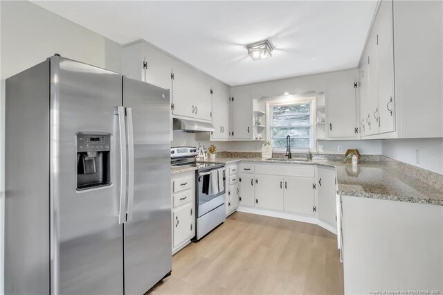 7517 Seaton Pl, Fayetteville, NC 28303 - kitchen featuring light wood-type flooring, white cabinets, appliances with stainless steel finishes, under cabinet range hood, and a sink