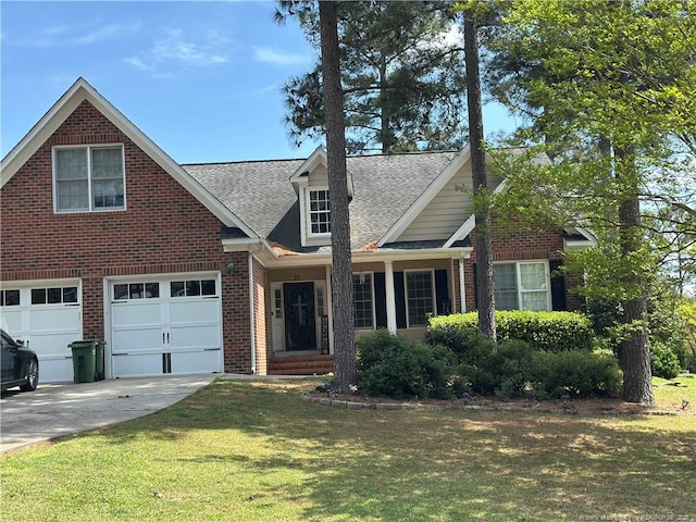 view of front of property featuring driveway, an attached garage, a front yard, brick siding, and a shingled roof