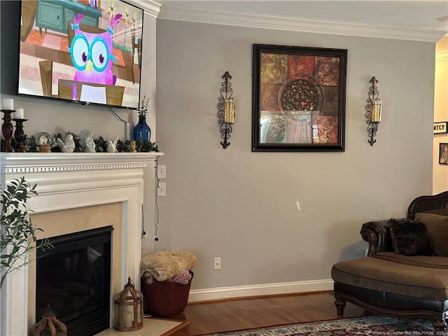 living area featuring wood finished floors, baseboards, ornamental molding, and a glass covered fireplace