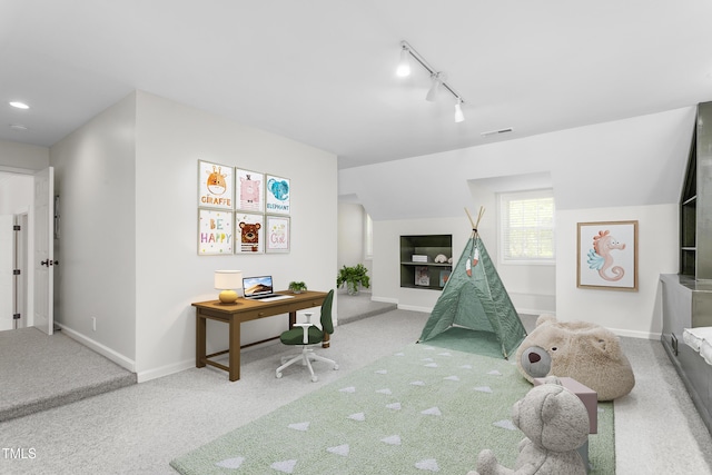 rec room featuring visible vents, baseboards, and carpet floors