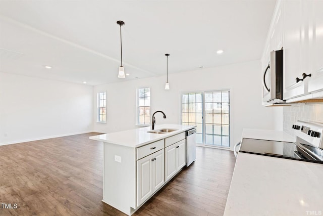 kitchen with pendant lighting, tasteful backsplash, wood finished floors, a sink, and stainless steel appliances