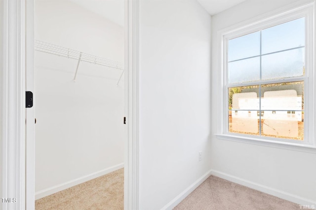 interior space featuring a closet, carpet, and baseboards