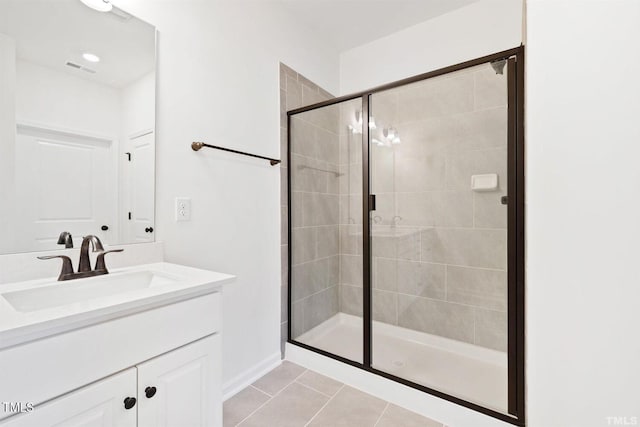 bathroom featuring a shower stall, vanity, and tile patterned flooring