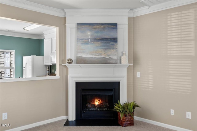 interior details with carpet floors, a fireplace with flush hearth, baseboards, and white refrigerator with ice dispenser