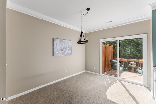 unfurnished dining area with crown molding, baseboards, carpet, and visible vents