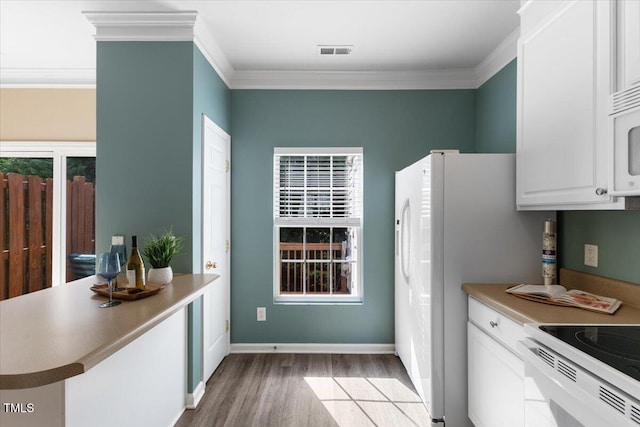 kitchen featuring crown molding, white cabinets, baseboards, wood finished floors, and visible vents