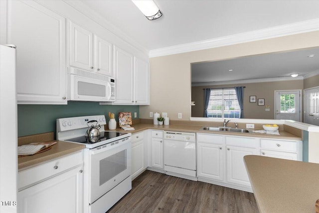 kitchen with crown molding, a sink, dark wood-style floors, and white appliances