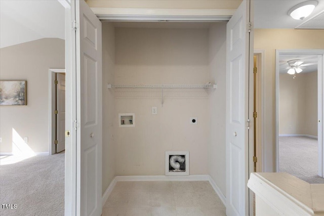 clothes washing area with laundry area, hookup for a washing machine, ceiling fan, light colored carpet, and hookup for an electric dryer