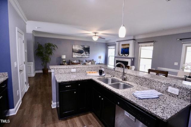 126 Willow Weald Ct, Fuquay Varina, NC 27526 - kitchen featuring a sink, dishwasher, open floor plan, a fireplace, and ornamental molding