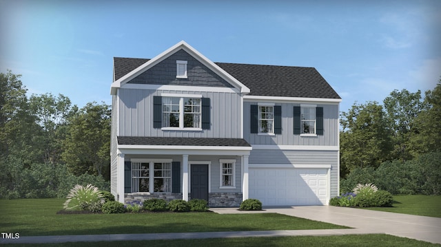 92 Glencoe Ln, Zebulon, NC 27597 - view of front of house featuring stone siding, a front lawn, an attached garage, a shingled roof, and concrete driveway