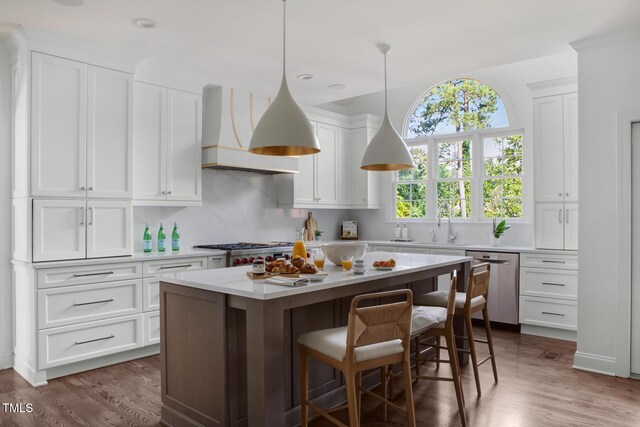 123 Trellingwood Dr, Morrisville, NC 27560 - kitchen featuring stainless steel dishwasher, premium range hood, light countertops, a kitchen island, and white cabinets