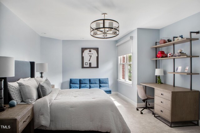123 Trellingwood Dr, Morrisville, NC 27560 - bedroom with light carpet, a chandelier, a desk, and baseboards
