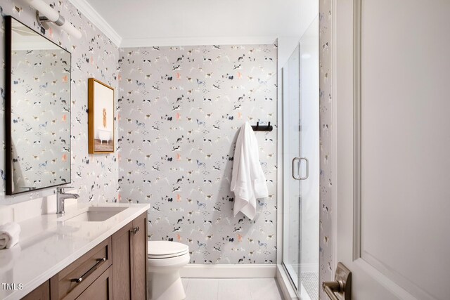 123 Trellingwood Dr, Morrisville, NC 27560 - bathroom featuring wallpapered walls, vanity, a shower stall, toilet, and baseboards