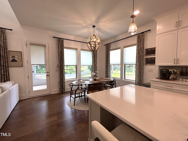 127 Sanderway Dr, Chapel Hill, NC 27516 - kitchen featuring a chandelier, healthy amount of natural light, white cabinetry, and dark wood-type flooring