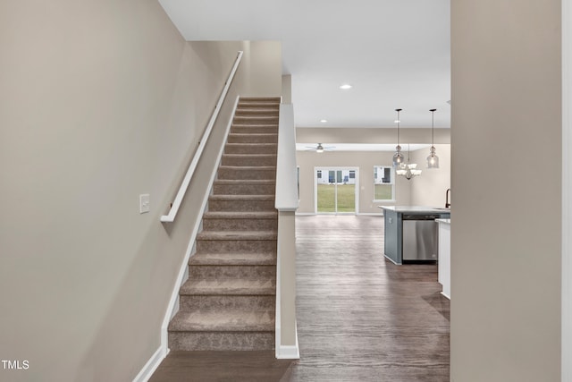 41 Willow Green Dr, Clayton, NC 27527 - staircase featuring recessed lighting, ceiling fan, baseboards, and wood finished floors
