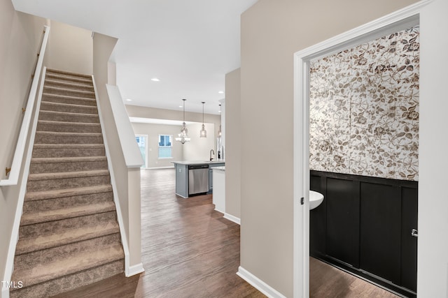 41 Willow Green Dr, Clayton, NC 27527 - stairs featuring wood finished floors, baseboards, and recessed lighting