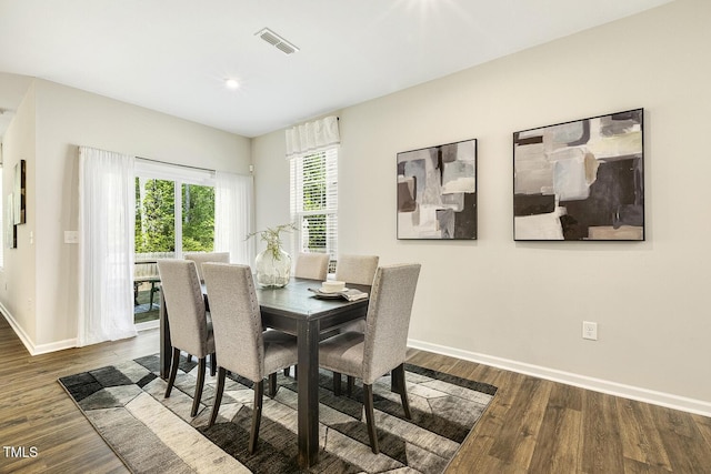 dining room with dark wood-style flooring, baseboards, visible vents, and recessed lighting