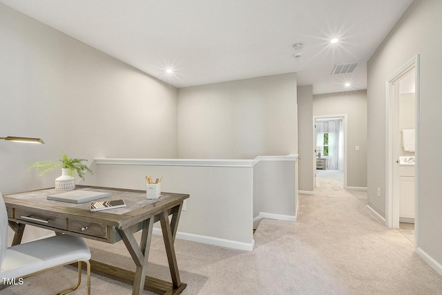 office area featuring light colored carpet, baseboards, visible vents, and recessed lighting