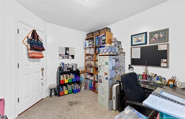 office with a textured ceiling and carpet floors