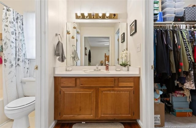 bathroom with vanity, a shower with curtain, and toilet