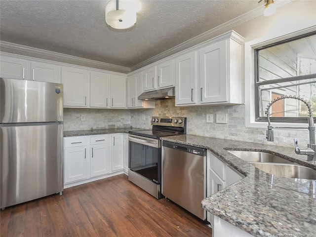 494 Wilder Dr, Fayetteville, NC 28314 - kitchen featuring crown molding, white cabinets, under cabinet range hood, a sink, and stainless steel appliances