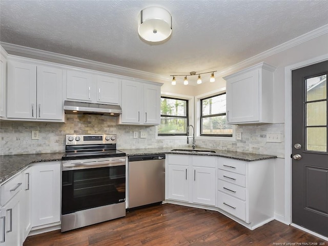 494 Wilder Dr, Fayetteville, NC 28314 - kitchen with dark stone countertops, a sink, ornamental molding, appliances with stainless steel finishes, and under cabinet range hood