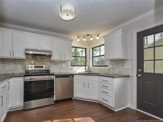 494 Wilder Dr, Fayetteville, NC 28314 - kitchen featuring a sink, ornamental molding, under cabinet range hood, dark stone counters, and stainless steel appliances