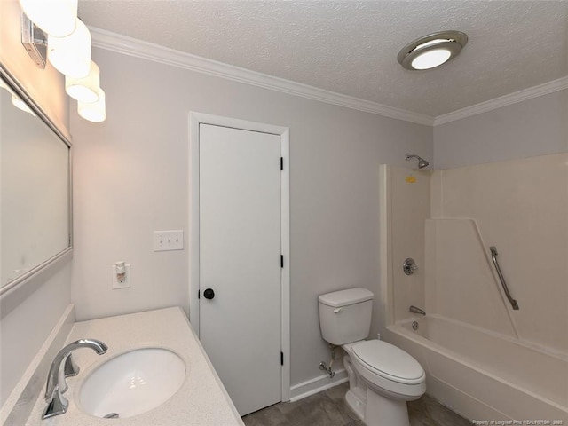 494 Wilder Dr, Fayetteville, NC 28314 - bathroom with baseboards, ornamental molding, toilet, a textured ceiling, and shower / bath combination