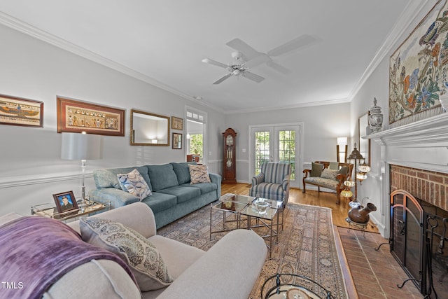 2520 Ashley Ct, Raleigh, NC 27607 - living room featuring a fireplace, baseboards, ornamental molding, and ceiling fan