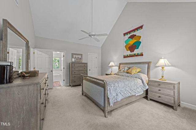 2520 Ashley Ct, Raleigh, NC 27607 - bedroom with light carpet, high vaulted ceiling, ensuite bathroom, and baseboards