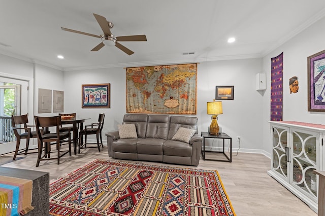2520 Ashley Ct, Raleigh, NC 27607 - living room featuring crown molding, ceiling fan, baseboards, and recessed lighting