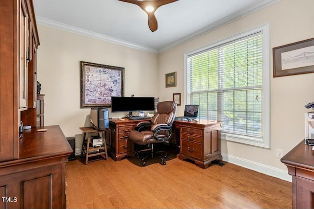12808 Edsel Dr, Raleigh, NC 27613 - office area featuring light wood-style floors, a healthy amount of sunlight, ceiling fan, and ornamental molding