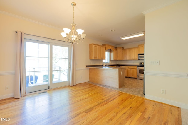 627 Carraway Dr, Graham, NC 27253 - kitchen with an inviting chandelier, a peninsula, light wood-style floors, visible vents, and appliances with stainless steel finishes