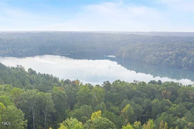 drone / aerial view featuring a water view and a view of trees
