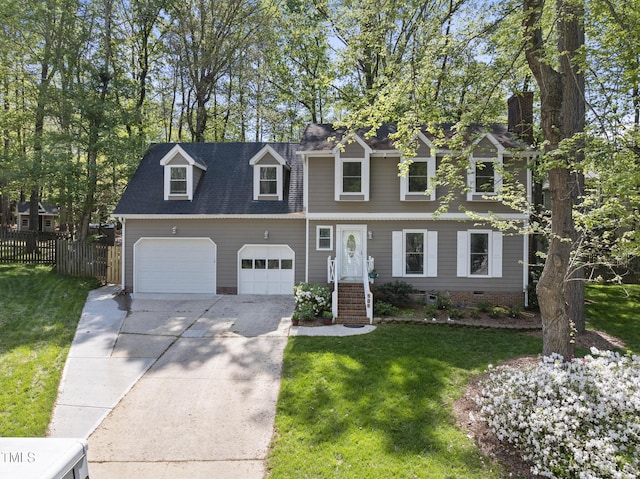view of front facade featuring a garage, crawl space, fence, concrete driveway, and a front lawn
