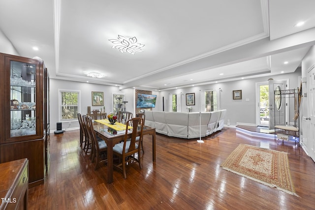 dining room with a raised ceiling, wood-type flooring, and baseboards