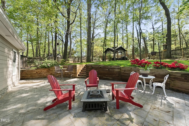 view of patio / terrace with an outdoor fire pit, a gazebo, and a fenced backyard
