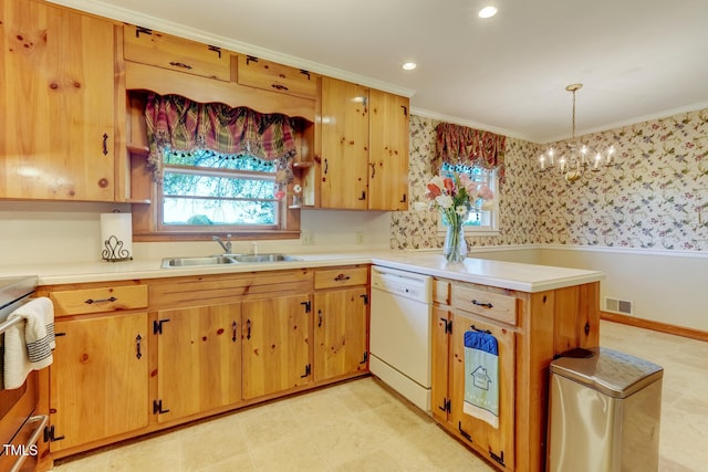 kitchen with visible vents, white dishwasher, a sink, a peninsula, and wallpapered walls