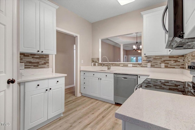 kitchen featuring light wood-type flooring, stainless steel dishwasher, a sink, and backsplash