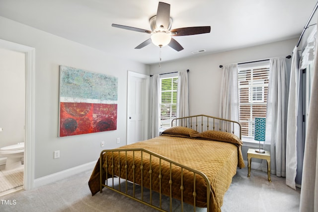 3332 Cheswick Dr, Raleigh, NC 27609 - bedroom featuring baseboards, carpet flooring, a ceiling fan, connected bathroom, and visible vents