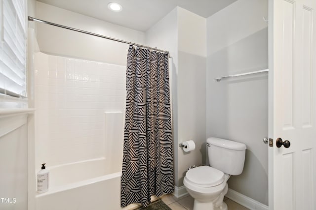 3332 Cheswick Dr, Raleigh, NC 27609 - full bathroom with baseboards, recessed lighting, tile patterned floors, toilet, and shower / bathtub combination with curtain