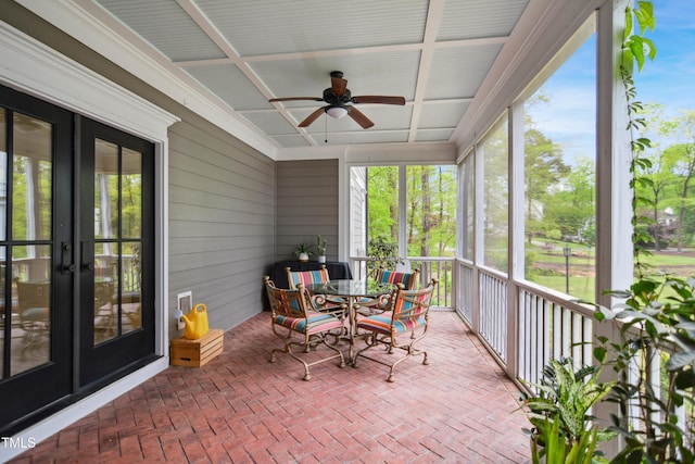 3332 Cheswick Dr, Raleigh, NC 27609 - sunroom / solarium featuring french doors, a ceiling fan, and outdoor dining space