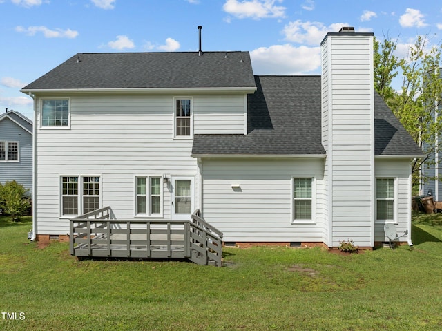 back of house with a wooden deck, crawl space, a yard, a chimney, and a shingled roof