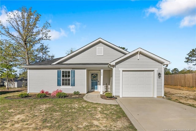 ranch-style house with a front yard, fence, a garage, and concrete driveway