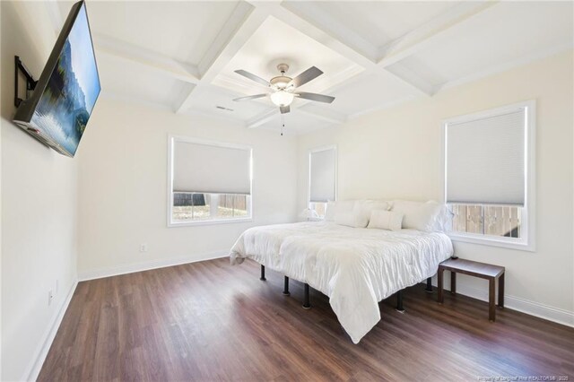2140 Smith Rd, Hope Mills, NC 28348 - bedroom featuring baseboards, multiple windows, coffered ceiling, and wood finished floors