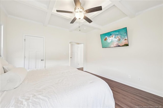 2140 Smith Rd, Hope Mills, NC 28348 - bedroom featuring baseboards, a ceiling fan, dark wood-style floors, beam ceiling, and coffered ceiling