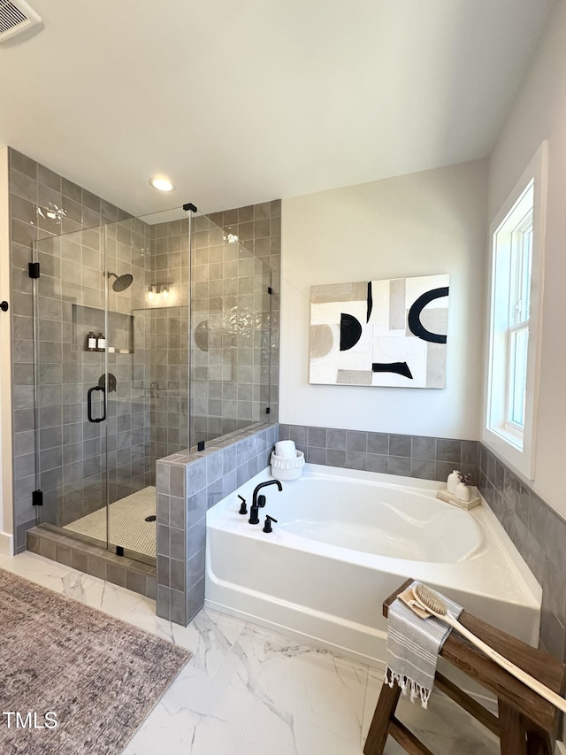 full bathroom with recessed lighting, a shower stall, visible vents, marble finish floor, and a garden tub