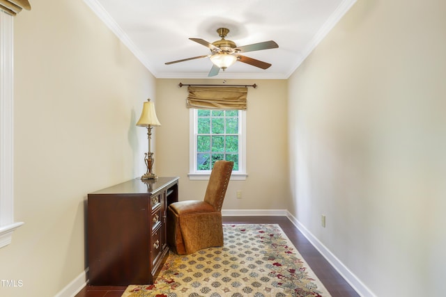 117 Vicksburg Dr, Cary, NC 27513 - office with baseboards, dark wood-style floors, ceiling fan, and crown molding