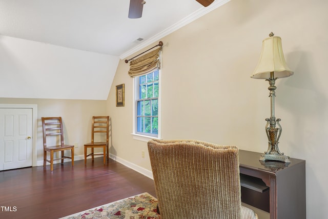 117 Vicksburg Dr, Cary, NC 27513 - home office with vaulted ceiling, ceiling fan, baseboards, and wood finished floors