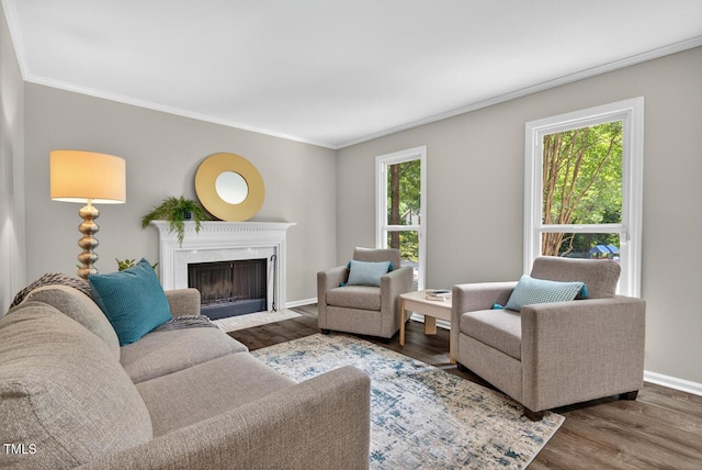 1500 Valley, Durham, NC 27707 - living room with crown molding, a fireplace with flush hearth, and wood finished floors